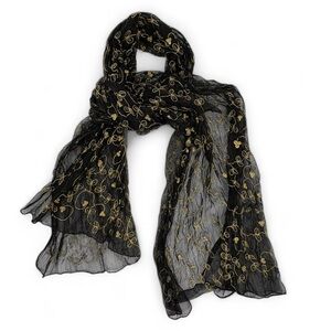 Sheer Black Scarf With Delicate Metallic Thread Embroidery 48"L‎ x 18"W